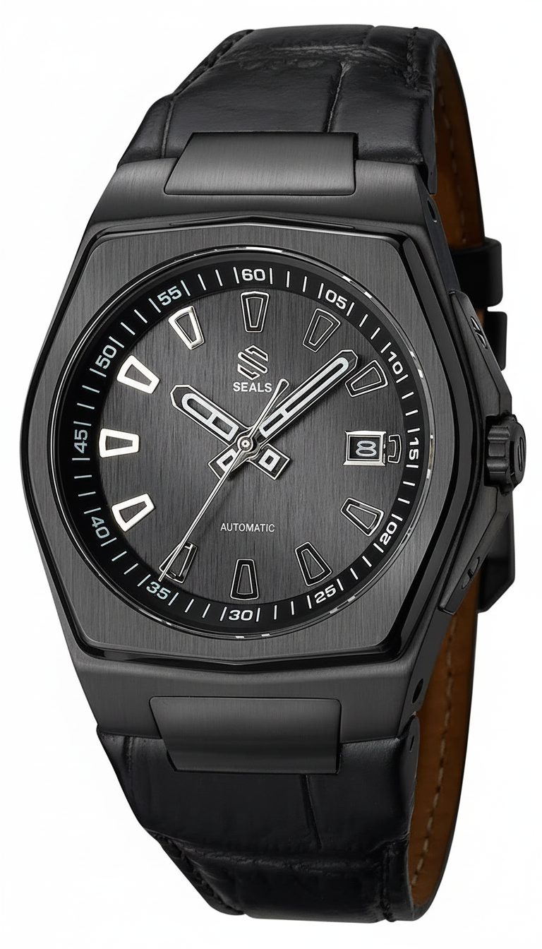 Seals Integrated Steel Sport Watch with Brushed Black Dial on Steel Bracelet - Automatic Watch