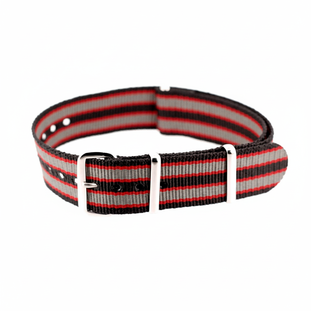Bernhardt Black/Red/Grey Stripe "Bond" Style Nylon Strap