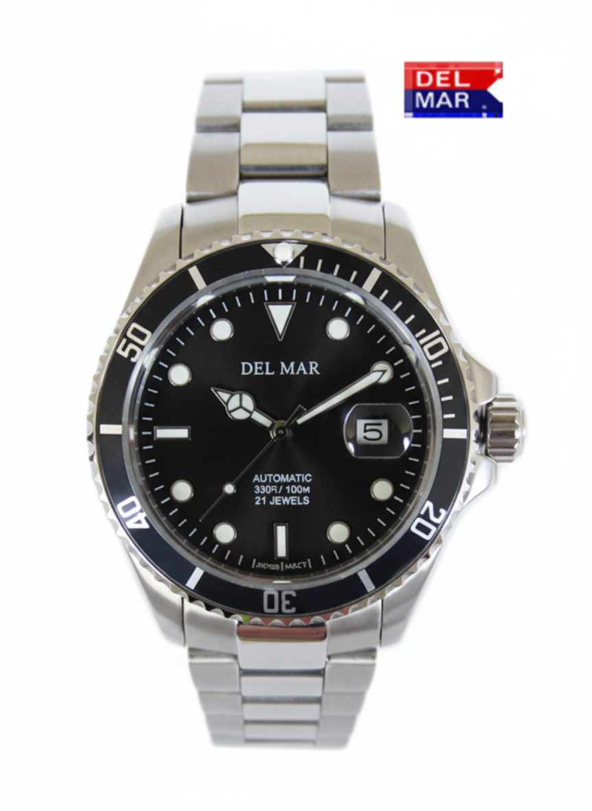 Angelo Del Mare Men's Premier Automatic Watch – Black Dial & Stainless Steel Band #50390